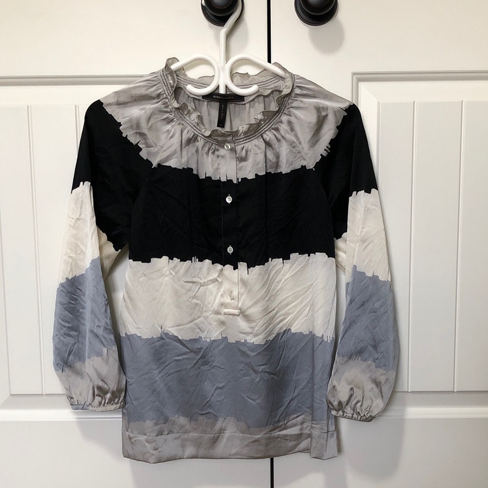 BCBG MAXAZRIA Silk Striped Ruffled Collar Tunic in Black, Gray, Cream - XXS
